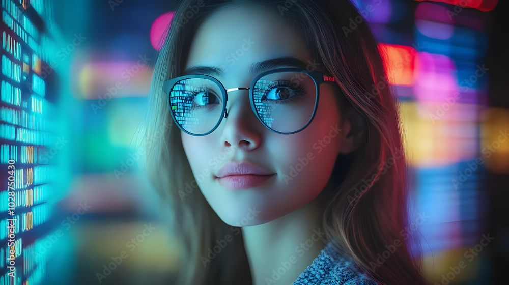 A young woman with glasses against a colorful illuminated background. A young woman with glasses against a colorful illuminated background.