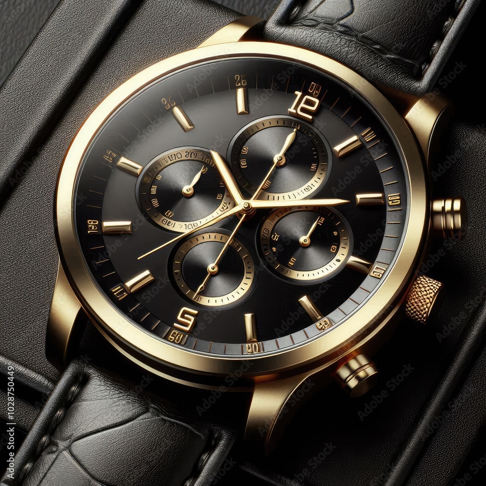 Fototapeta premium Close up of Black wristwatch with golden details. Ideal for advertising watch concepts,. logo icon design. premium illustration
