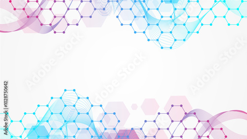 Modern scientific background with hexagons, lines and dots. Wave flow abstract background. Molecular structure for medical, technology, chemistry, science. Vector illustration