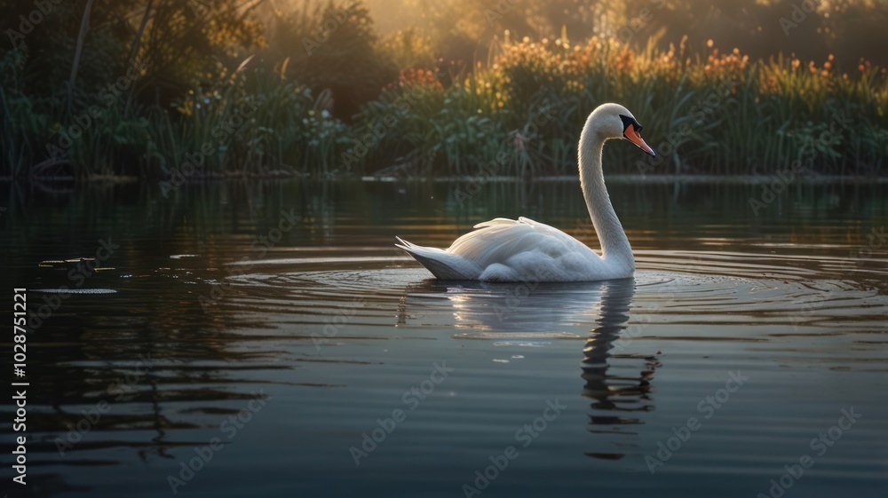 Fototapeta premium The swan's elegant neck curves as it glides through the water, creating ripples that distort its reflection.