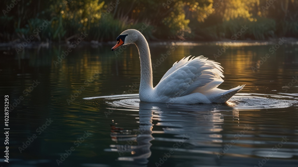 Fototapeta premium The swan's elegant neck curves as it glides through the water, creating ripples that distort its reflection.