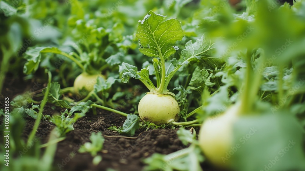 A vegetable with a bulbous stem, kohlrabi thrives among beautiful green leaves in gardens. A vegetable with a bulbous stem, kohlrabi thrives among beautiful green leaves in gardens.