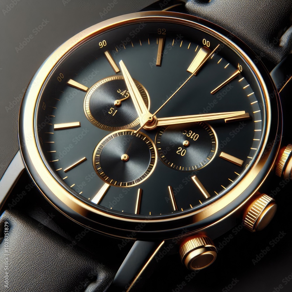 Close up of Black wristwatch with golden details. Ideal for advertising watch concepts,. logo icon design. premium illustration Close up of Black wristwatch with golden details. Ideal for advertising watch concepts,. logo icon design. premium illustration