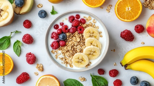 Healthy breakfast bowl with yogurt, granola, and fresh fruits arranged aesthetically at a kitchen table