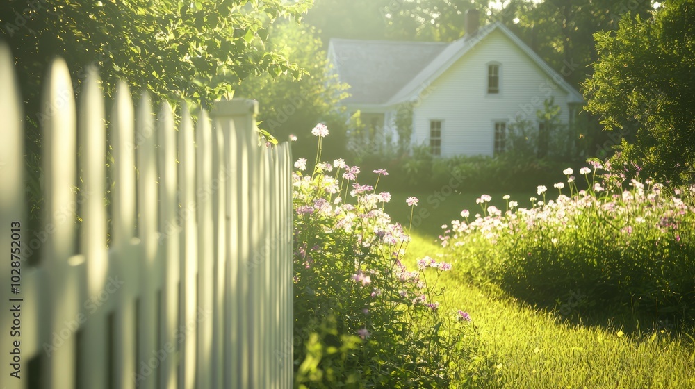 Fototapeta premium Serene American Countryside Life: Farmhouse, Picket Fence, Flowers | Ultra-Detailed, Cinematic Light