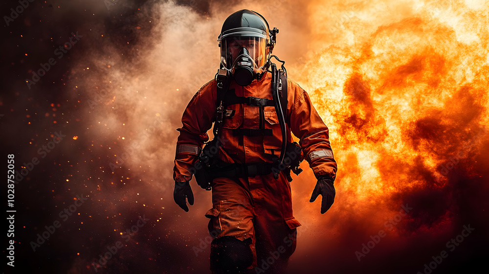 Fototapeta premium Firefighter in protective gear walking through smoke and flames.