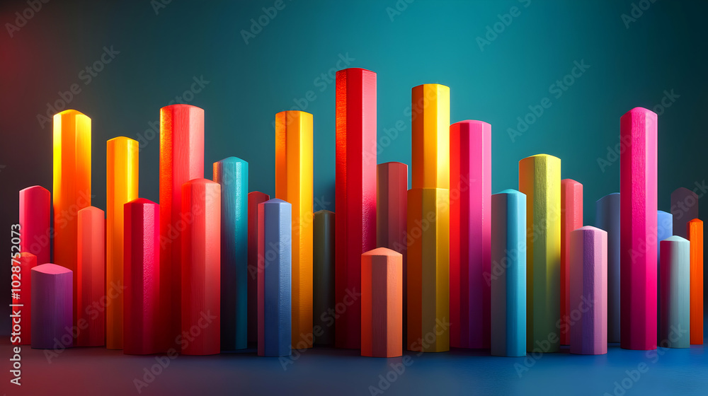 Colorful Rounded Columns Stand in a Group on Blue Background Colorful Rounded Columns Stand in a Group on Blue Background