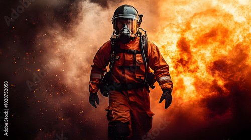 Firefighter in protective gear walking through smoke and flames.