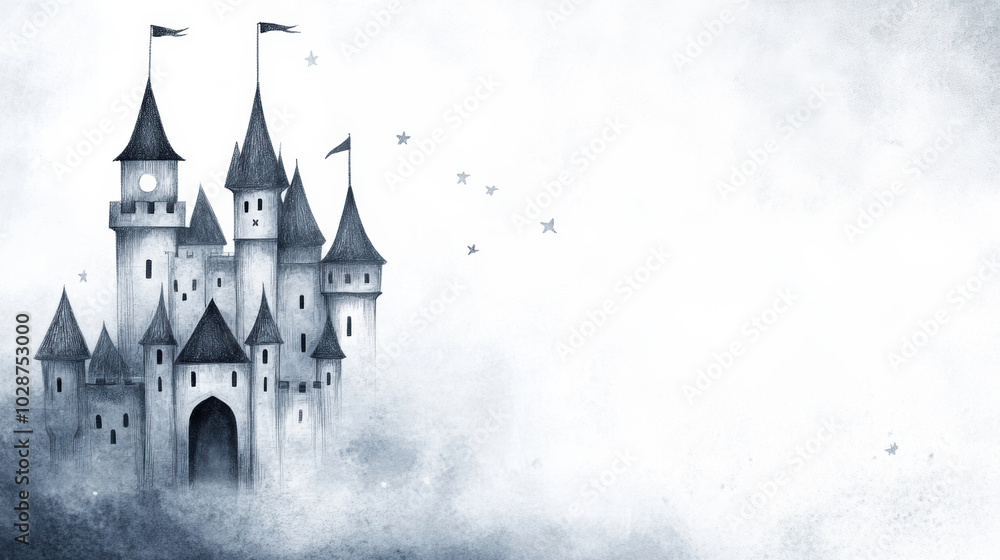 Majestic castle towers rise through misty clouds, evoking a sense of mystery and wonder, AI Majestic castle towers rise through misty clouds, evoking a sense of mystery and wonder, AI