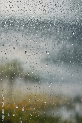 Blurred raindrops on a window with a serene, natural background.