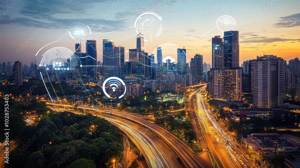 Fototapeta premium As smart cities grow, the integration of digital infrastructure creates new cybersecurity challenges, requiring comprehensive protection for public services.