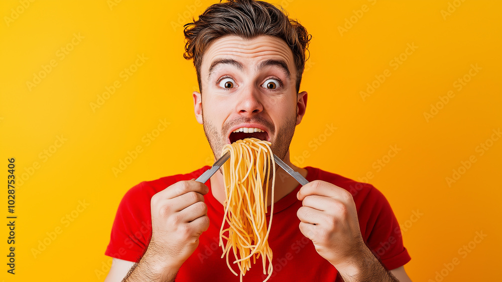 National Spaghetti Day. portrait of someone eating spaghetti set against a plain orange background National Spaghetti Day. portrait of someone eating spaghetti set against a plain orange background
