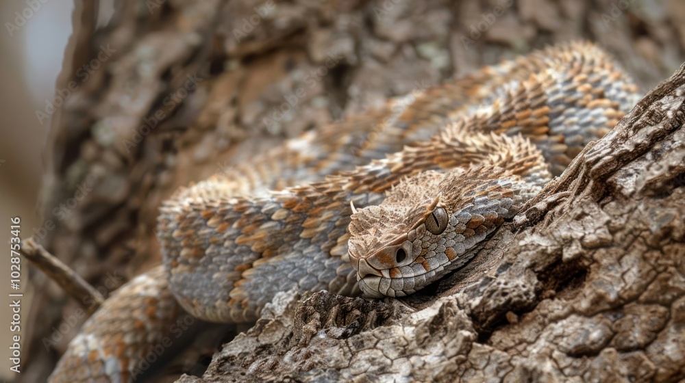 Close-up of a Camouflaged Horned Viper on Tree Bark Close-up of a Camouflaged Horned Viper on Tree Bark