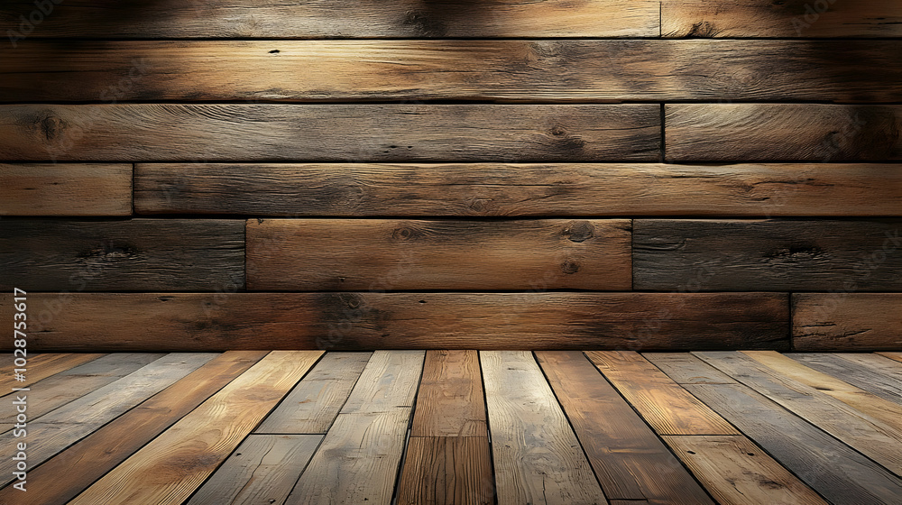 A wooden interior scene with textured walls and floor. A wooden interior scene with textured walls and floor.