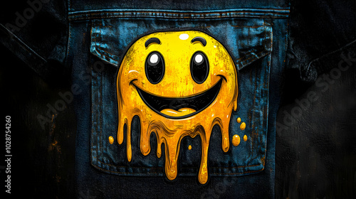 A denim jacket featuring a vibrant, dripping yellow smiley face. photo