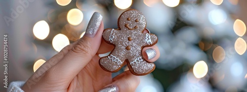 Woman’s Manicure Hand Holding a Gingerbread Man Cookie with Bokeh Lights and White Christmas Tree in Background photo