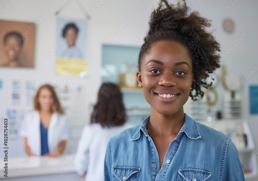 African American woman standing in front of an eye clinic with a female receptionist behind the counter. African American woman standing in front of an eye clinic with a female receptionist behind the counter.