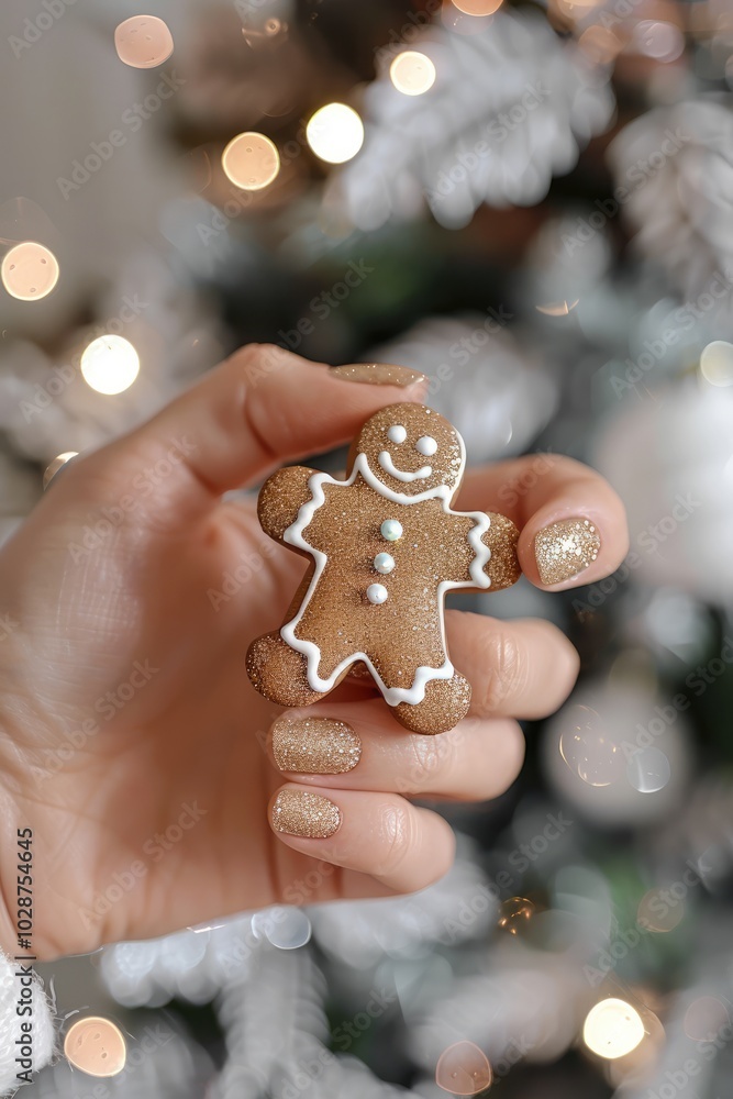 Woman’s Manicure Hand Holding a Gingerbread Man Cookie with Bokeh Lights and White Christmas Tree in Background Woman’s Manicure Hand Holding a Gingerbread Man Cookie with Bokeh Lights and White Christmas Tree in Background