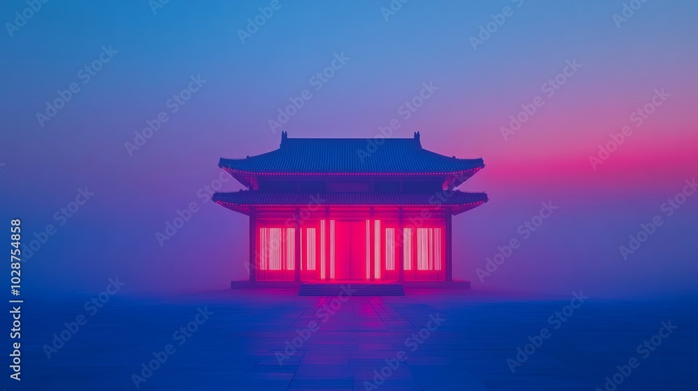 minimalist, zen temple building with an extremely minimal architecture design, neon color. minimalist, zen temple building with an extremely minimal architecture design, neon color.