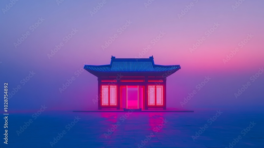 minimalist, zen temple building with an extremely minimal architecture design, neon color. minimalist, zen temple building with an extremely minimal architecture design, neon color.