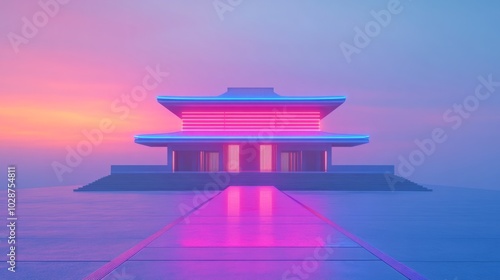 minimalist, zen temple building with an extremely minimal architecture design, neon color. photo