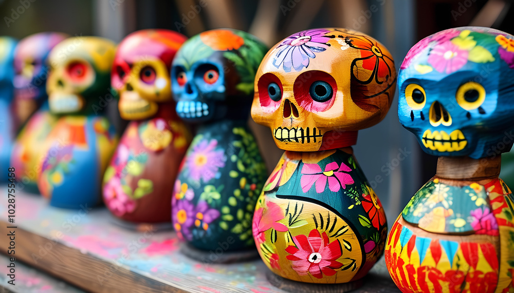 Fototapeta premium A row of colorful, intricately decorated wooden skull figurines, reminiscent of traditional Mexican Day of the Dead decorations