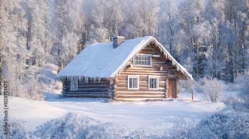 Snow-covered wooden cabin exterior with frosted window panes, ideal for cozy winter retreat brochures or holiday travel websites.