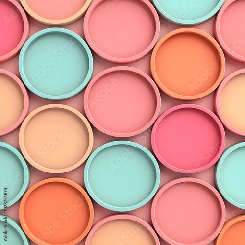 Colorful circular plates in pastel hues arranged in pattern