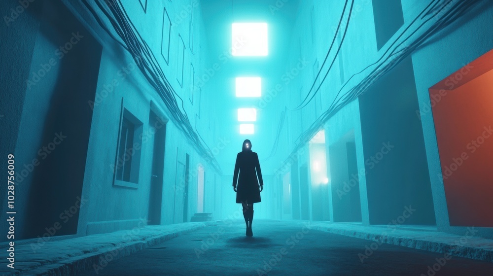 A lone figure walks down a misty, neon-lit alley, creating a mysterious atmosphere, AI A lone figure walks down a misty, neon-lit alley, creating a mysterious atmosphere, AI