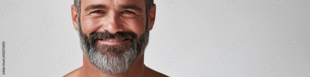 Obraz premium A man with a beard and gray hair is smiling. He is wearing a shirt and is standing in front of a white background