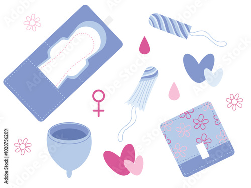 Set of women sanitary goods for period cotton pad, silicone menstrual cup, tampons, pad package in pink and blue color, Feminine hygiene equipment for menstruation. Women health.