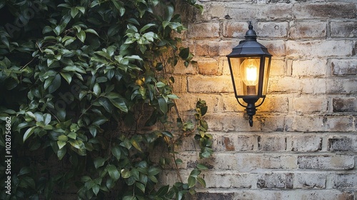 A gas light glows against the backdrop of a rugged brick wall, creating a picturesque scene that captures the essence of old-world charm.