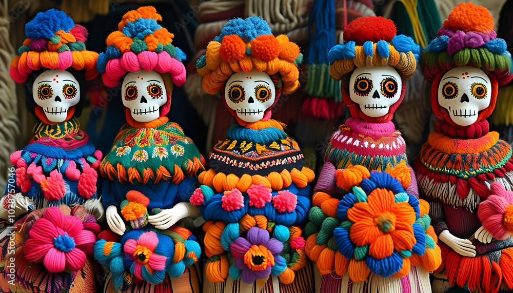 Five colorful Day of the Dead dolls with intricate yarn clothing and skull faces Five colorful Day of the Dead dolls with intricate yarn clothing and skull faces