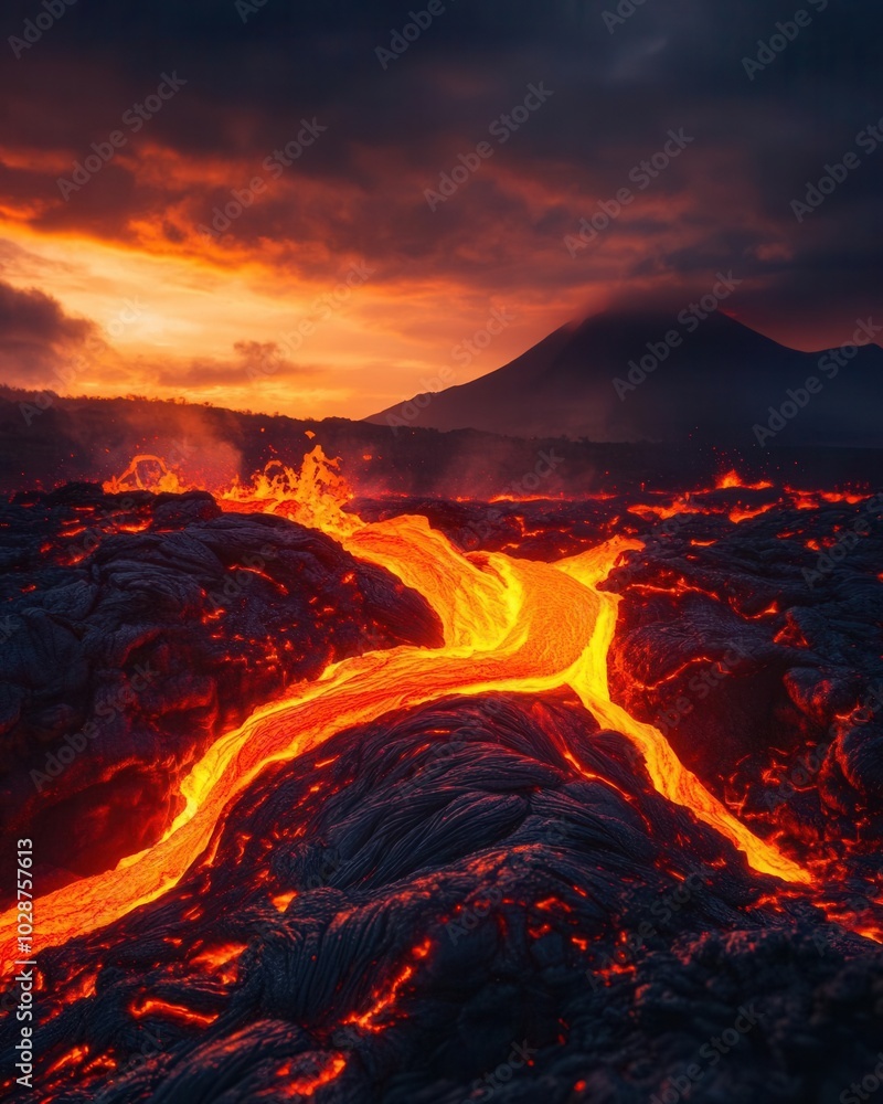Fototapeta premium Molten Lava Flow at Sunset with Volcanic Mountain in Background