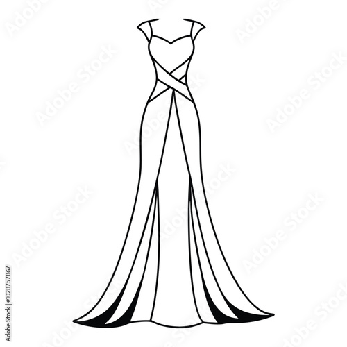 Elegant Evening Gown Line Art Illustration of a Glamorous Floor-Length Gown with a Slit