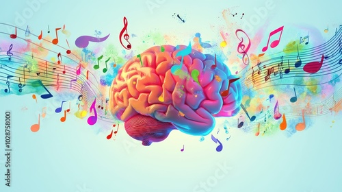 A human brain depicted with colorful music notes and melodies, creating a dynamic image against a tranquil pastel blue background, reflecting creativity.