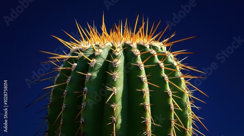 Close-up of a cactus with sharp thorns against a deep blue sky. Soft sunlight highlighting the green, waxy surface. High contrast between the light and shadows on the plant.