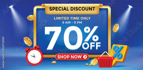 Seventy percent off price discount promotion banner, Colorful discount sale podium. Special offer composition.