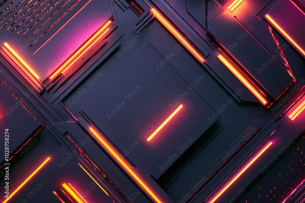A striking geometrical background featuring a sleek combination of neon lights, dark tones, black, and chrome elements A striking geometrical background featuring a sleek combination of neon lights, dark tones, black, and chrome elements
