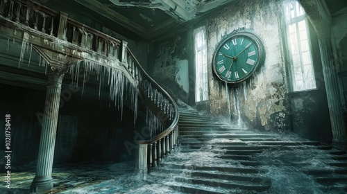 A large clock face melting over a staircase, dripping like liquid metal, in a surreal, abandoned building.