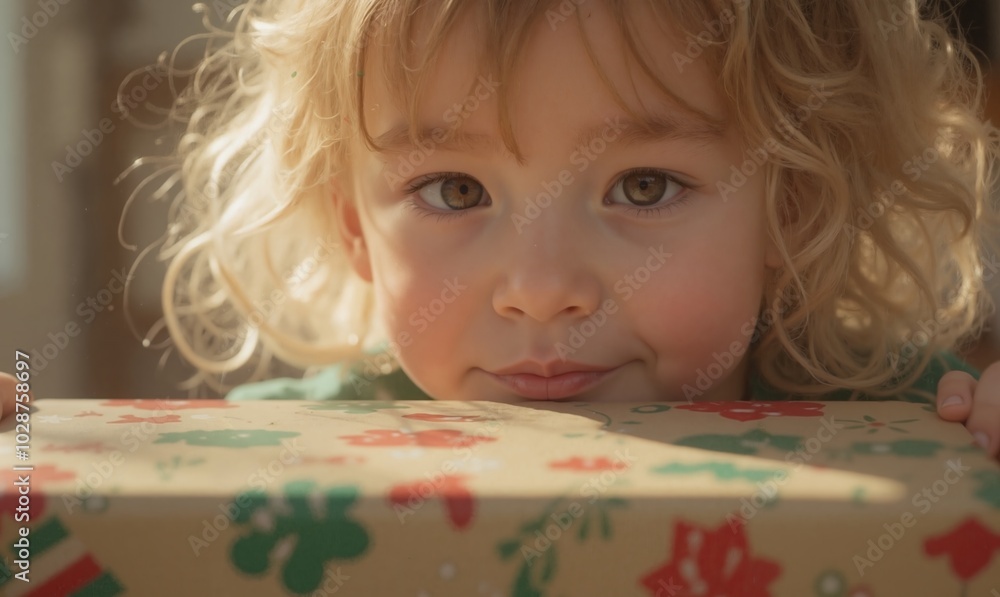 Zoe - Curious Blonde Toddler Girl Peeking Over Gift Box, Anticipating Surprise Zoe - Curious Blonde Toddler Girl Peeking Over Gift Box, Anticipating Surprise