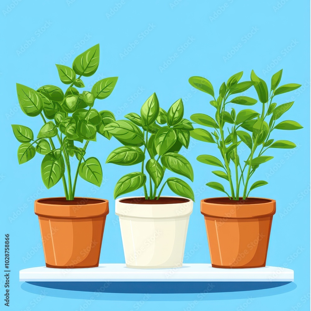 Fototapeta premium Three vibrant green plants in decorative pots on a shelf against a light blue background, perfect for home decor and gardening themes.