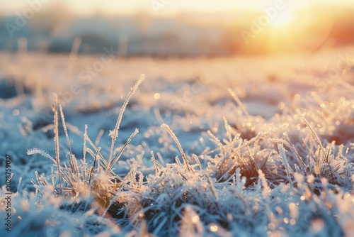 Sunrise over frost-covered grass, with icy crystals sparkling in the warm morning light photo