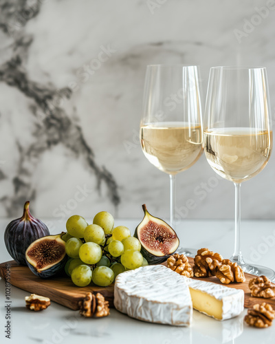 Tay of cheese, grapes, and walnuts is set on a table with two wine glasses