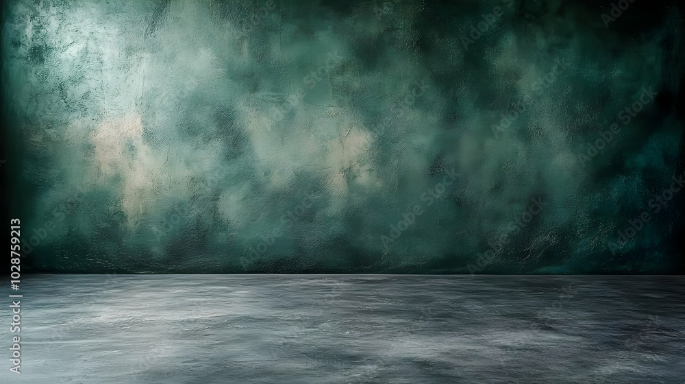 A textured green backdrop with a gray floor, ideal for photography. A textured green backdrop with a gray floor, ideal for photography.