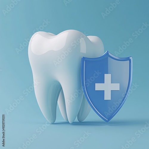 3D illustration of a glossy tooth next to a blue shield symbolizing dental protection. Ideal for health and dental care themes.