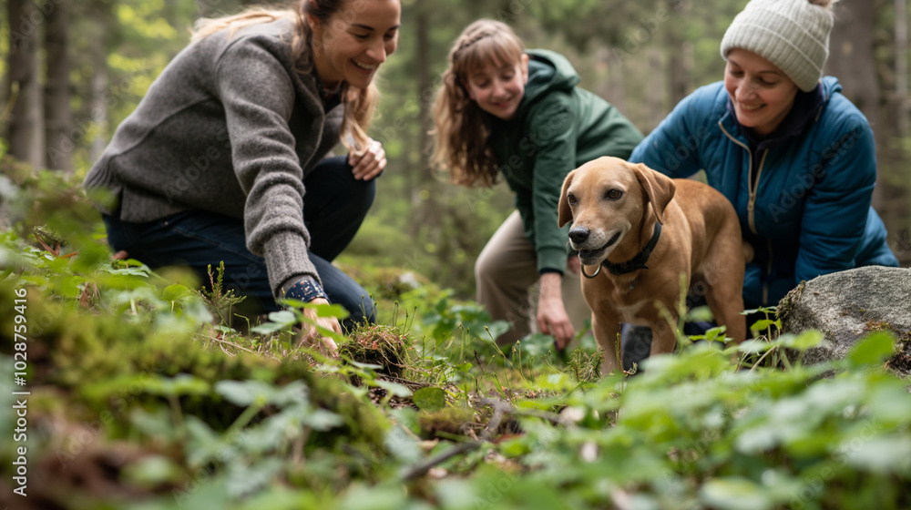 Family with children and a dog picking wild herbs in the forest, learning about nature conservation. Family with children and a dog picking wild herbs in the forest, learning about nature conservation.