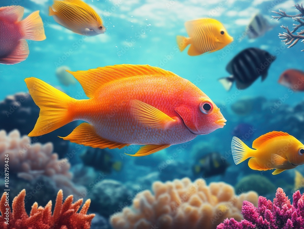 Fototapeta premium Vibrant underwater scene featuring colorful fish swimming among lively coral, showcasing marine biodiversity in a serene aquatic habitat.
