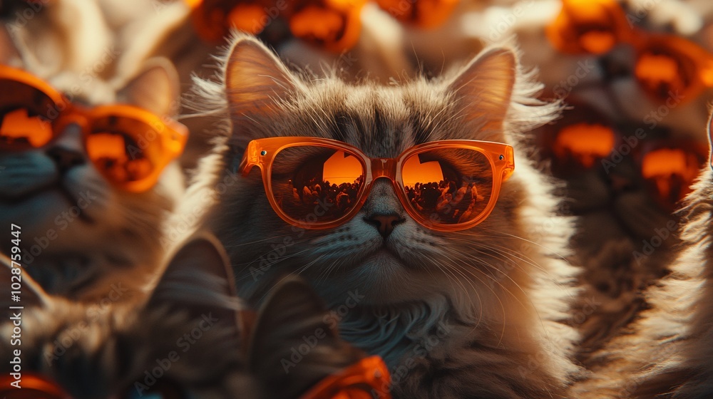 A group of stylish cats wearing vibrant orange sunglasses, showcasing their playful and chic personalities amidst a fun gathering. A group of stylish cats wearing vibrant orange sunglasses, showcasing their playful and chic personalities amidst a fun gathering.