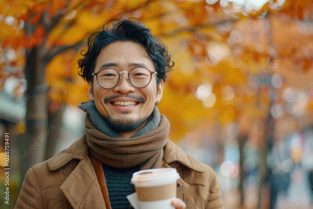 smiling man with glasses and a scarf, holding a coffee cup in an autumn scene smiling man with glasses and a scarf, holding a coffee cup in an autumn scene